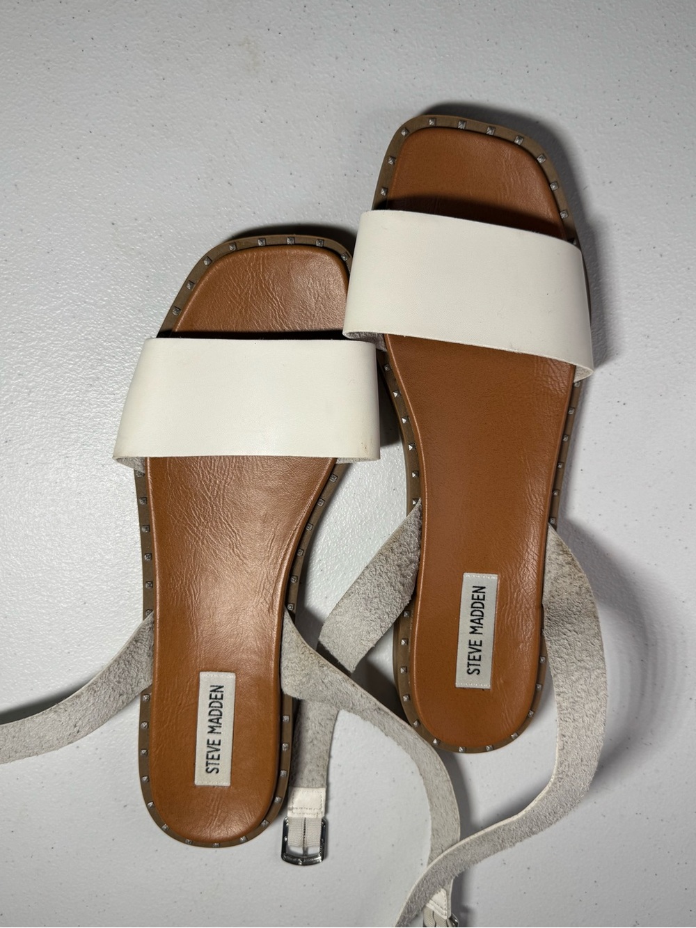 Steve Madden White Slide Sandals with Brown Footbed and Stud Trim
